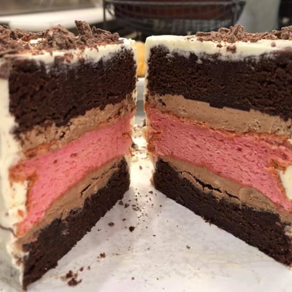 Two slices of chocolate cake with pink and brown layers, topped with white frosting and crumbles.