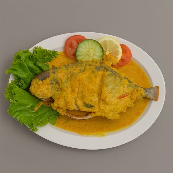 Indonesian whole fish in yellow curry sauce, garnished with lettuce, tomato, cucumber, and lemon.