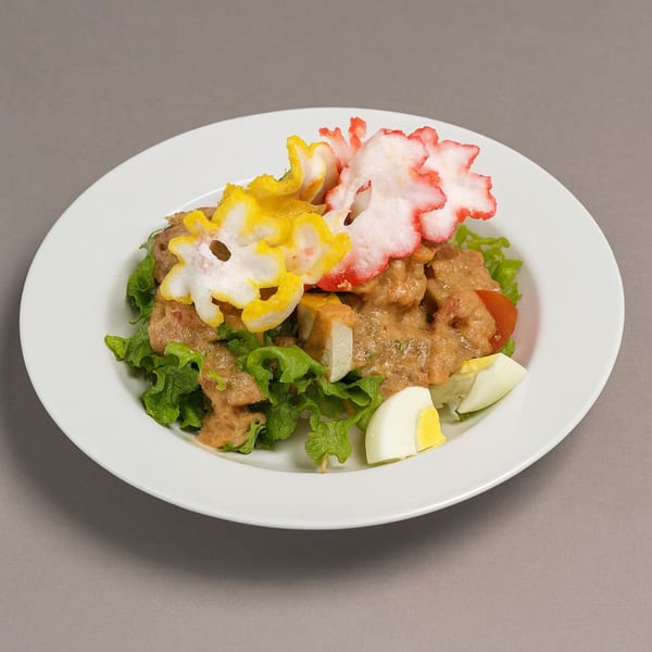 Indonesian Gado-Gado salad with peanut sauce, colorful crackers, lettuce, tofu, and hard-boiled egg.