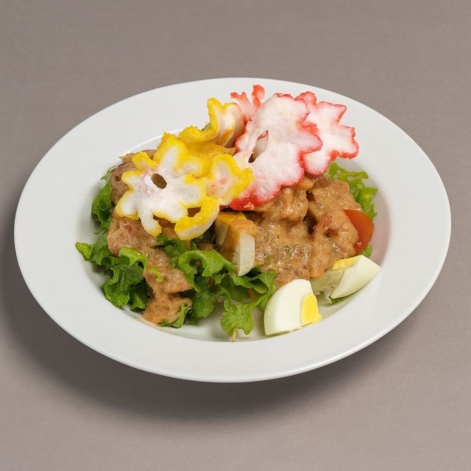 Indonesian Gado-Gado salad with peanut sauce, colorful crackers, lettuce, tofu, and hard-boiled egg.