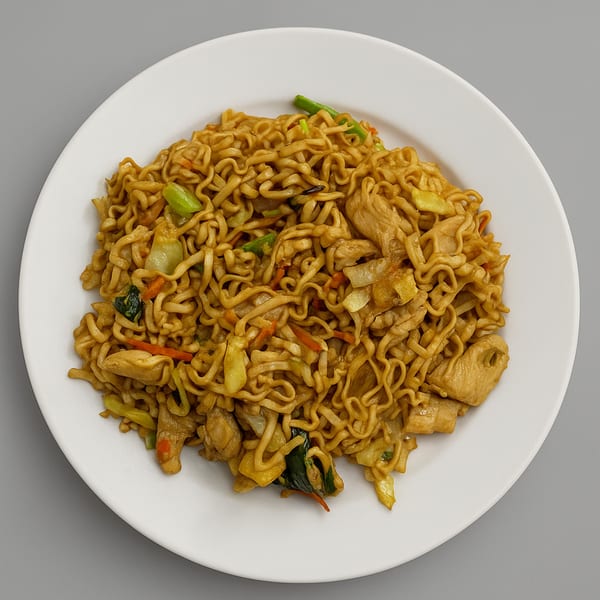 A white plate filled with Indonesian stir-fried noodles, chicken, and vegetables.