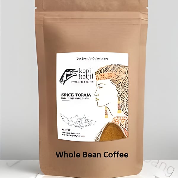 Brown coffee bag with a white label featuring a woman's profile and "kopi ketjil" text.