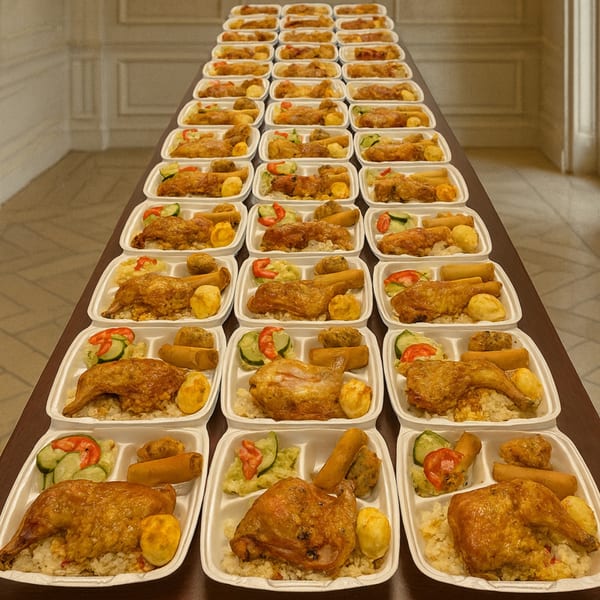 Rows of Rendang & Co. Indonesian chicken and rice meals in takeout containers on a long table.