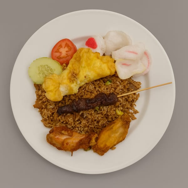 Indonesian fried rice with chicken wings, satay, omelet, cucumber, tomato, and shrimp crackers.