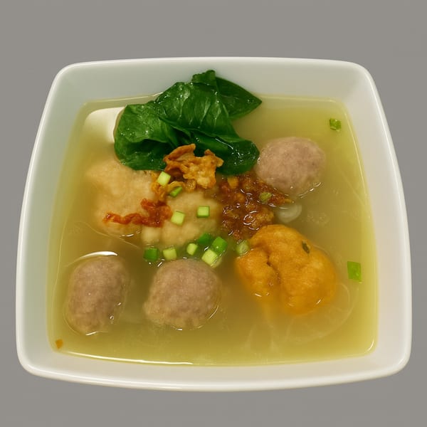 Indonesian Bakso soup with meatballs, fried dumplings, green vegetables, and chopped scallions in a white bowl.