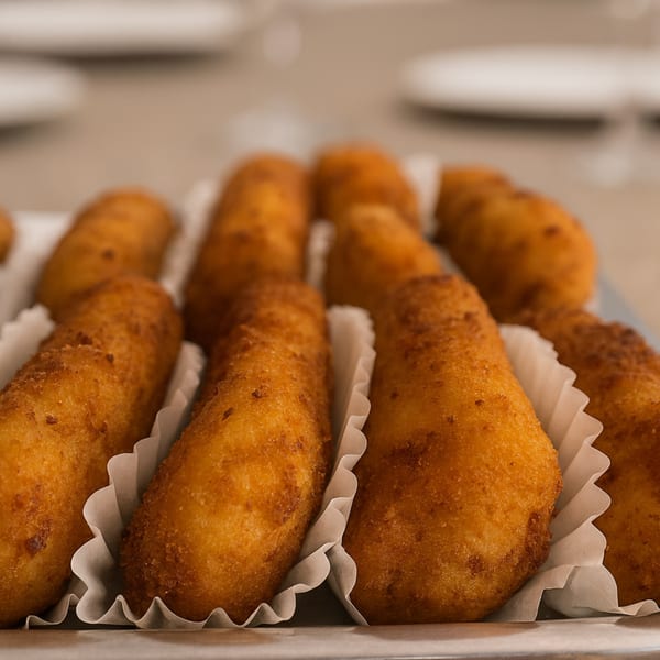 Close-up of golden-brown fried croquettes, individually wrapped in white paper, on a serving tray.