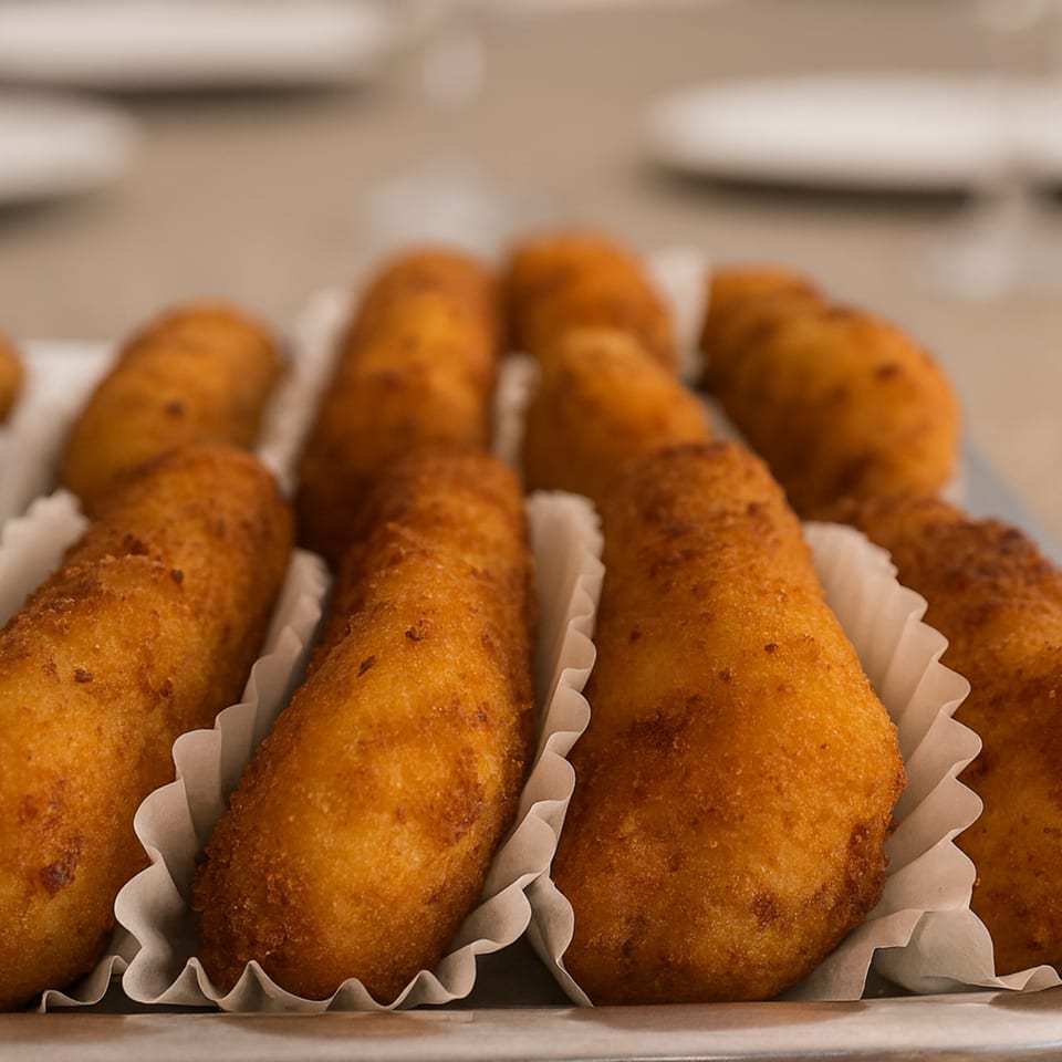 Close-up of golden-brown fried croquettes, individually wrapped in white paper, on a serving tray.