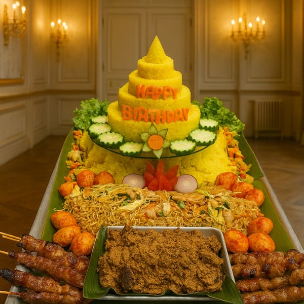 A vibrant Indonesian birthday feast with a tiered yellow rice cake, satay, noodles, and rendang.