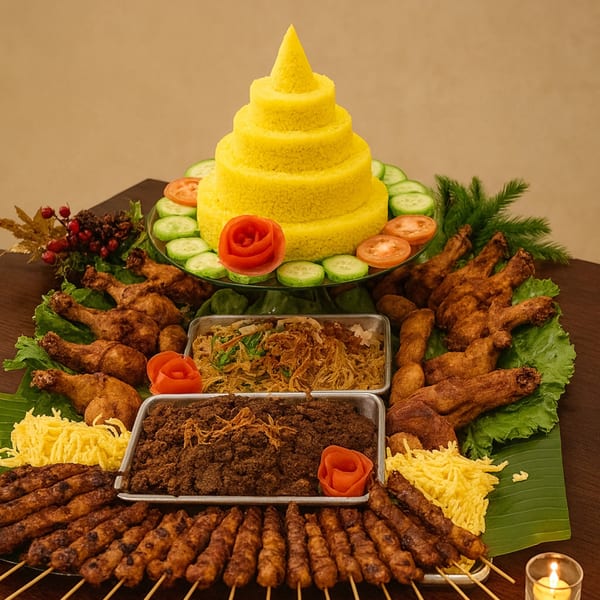 A vibrant Indonesian feast with a tiered yellow rice cone, fried chicken, satay, and rendang.