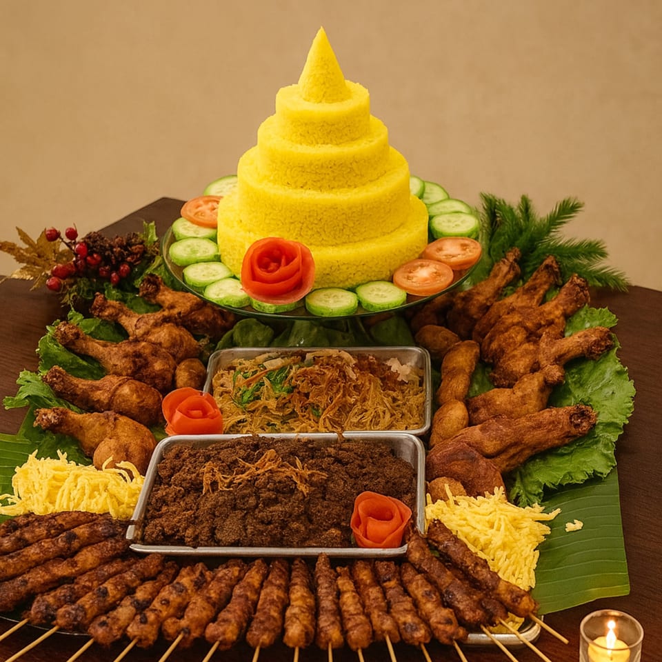 A vibrant Indonesian feast with a tiered yellow rice cone, fried chicken, satay, and rendang.