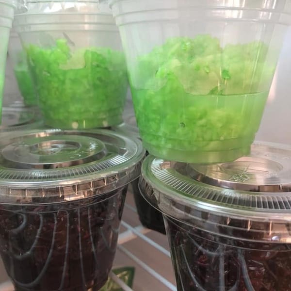 Clear plastic cups filled with green and brown desserts, stacked in a refrigerator.